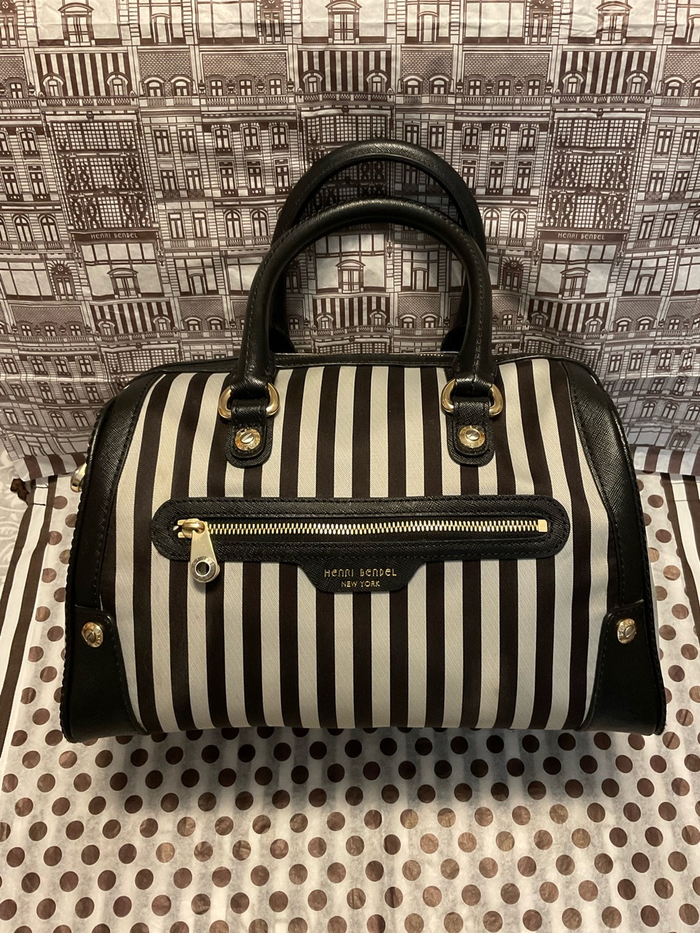 Henri Bendel Miss Bendel Saffiano Leather Trim Barrel Satchel Bag - Mink Stripe